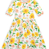 Sunflower Evenings Floral Print Knit Swing Dress with Pockets