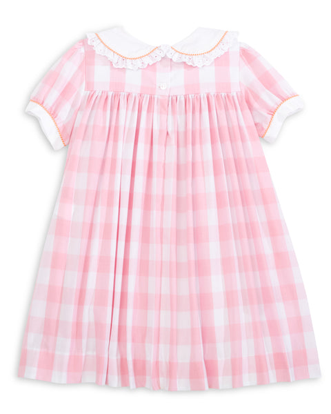 Proper Pumpkins Pink Gingham A-Line Dress with Pumpkin Embroidery