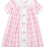 Proper Pumpkins Pink Gingham A-Line Dress with Pumpkin Embroidery