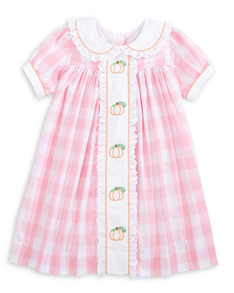 Proper Pumpkins Pink Gingham A-Line Dress with Pumpkin Embroidery