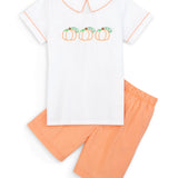 Proper Pumpkins Embroidered White Woven Top & Orange Gingham Shorts Set