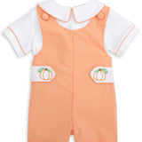 Proper Pumpkins Orange Gingham Shortall and Shirt Set with Pumpkin Embroidered Tabs