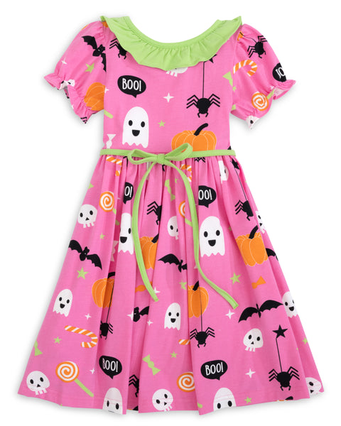 Boo! Pink Knit Halloween Print Swing Dress with Lime Green Ruffle Collar