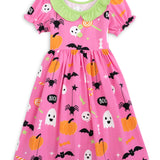 Boo! Pink Knit Halloween Print Swing Dress with Lime Green Ruffle Collar
