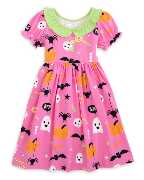 Boo! Pink Knit Halloween Print Swing Dress with Lime Green Ruffle Collar