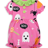 Boo! Pink Knit Halloween Print Bubble with Lime Green Ruffle Collar