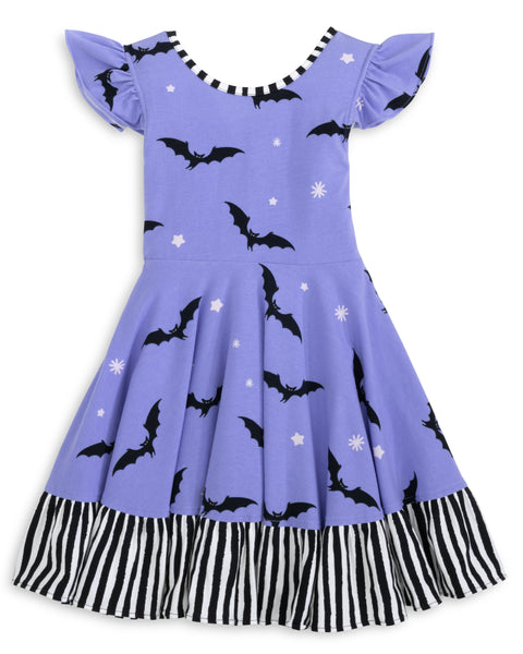 Batty Purple Knit Bat Print Swing Dress with Black and White Stripe Ruffle