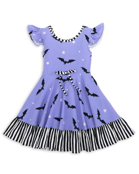 Batty Purple Knit Bat Print Swing Dress with Black and White Stripe Ruffle