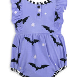 Batty Purple Knit Bat Print Bubble with Black and White Stripe Trim