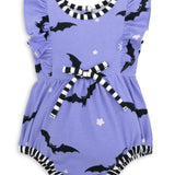 Batty Purple Knit Bat Print Bubble with Black and White Stripe Trim