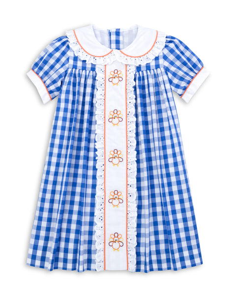 Thankful Navy Gingham A-Line Dress with Turkey Embroidery