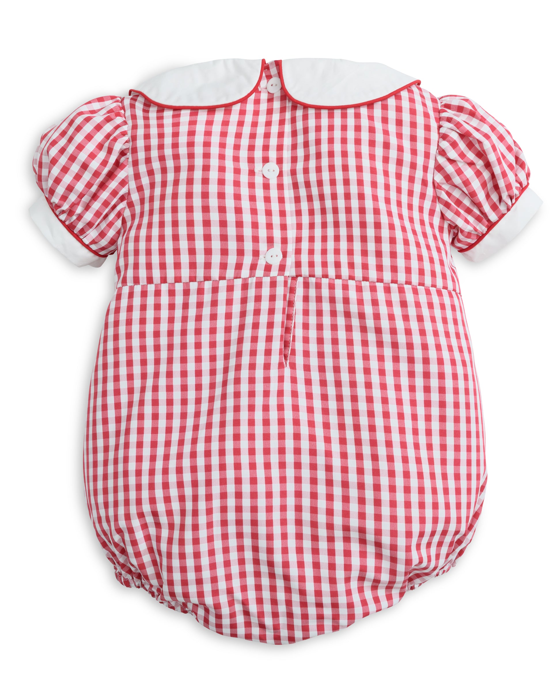 A baby romper in a red and white gingham check pattern, featuring a white collar, short puff sleeves with white cuffs, and three white buttons on the front.
