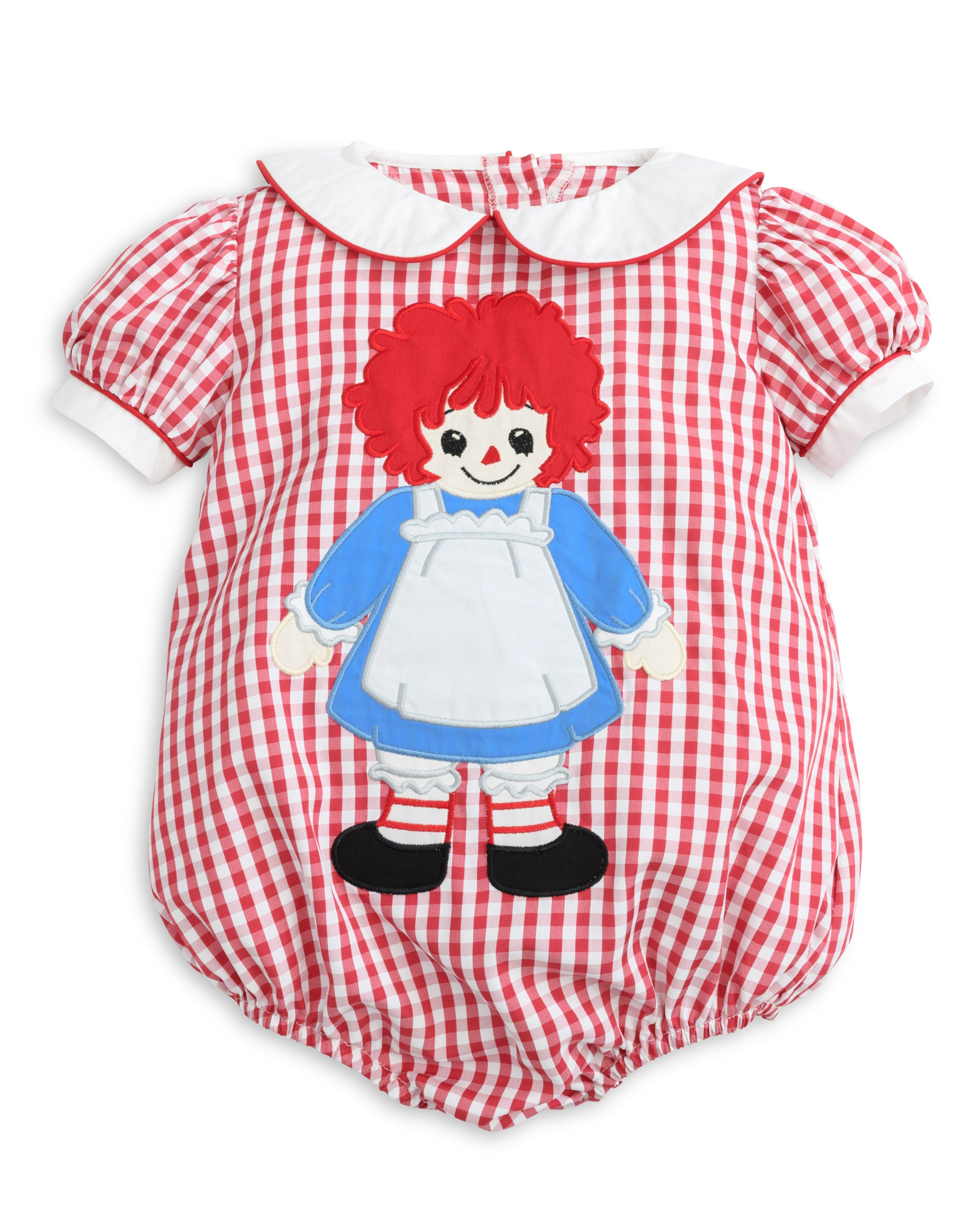 A baby short-sleeve romper in a red and white gingham pattern, featuring a Raggedy Ann doll applique on the front, complete with a white Peter Pan collar and white cuffs.
