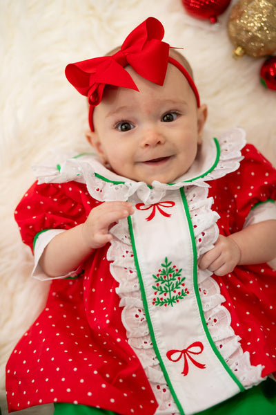 Deck the Halls Red Polka Dot A-Line Dress and Bloomer Set with Christmas Tree Embroidery