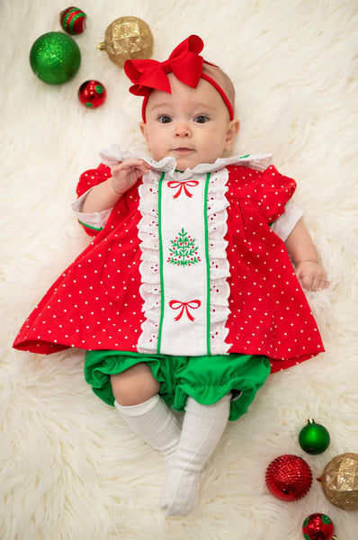 Deck the Halls Red Polka Dot A-Line Dress and Bloomer Set with Christmas Tree Embroidery