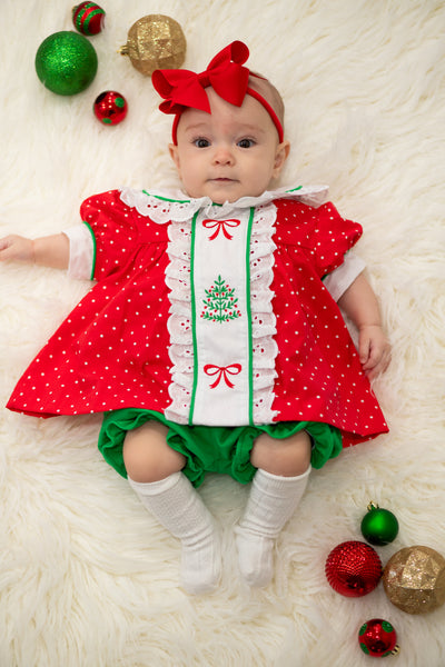 Deck the Halls Red Polka Dot A-Line Dress and Bloomer Set with Christmas Tree Embroidery