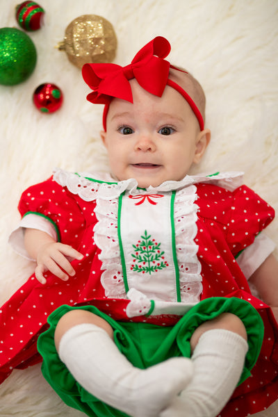 Deck the Halls Red Polka Dot A-Line Dress and Bloomer Set with Christmas Tree Embroidery