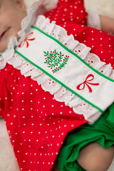 Deck the Halls Red Polka Dot A-Line Dress and Bloomer Set with Christmas Tree Embroidery