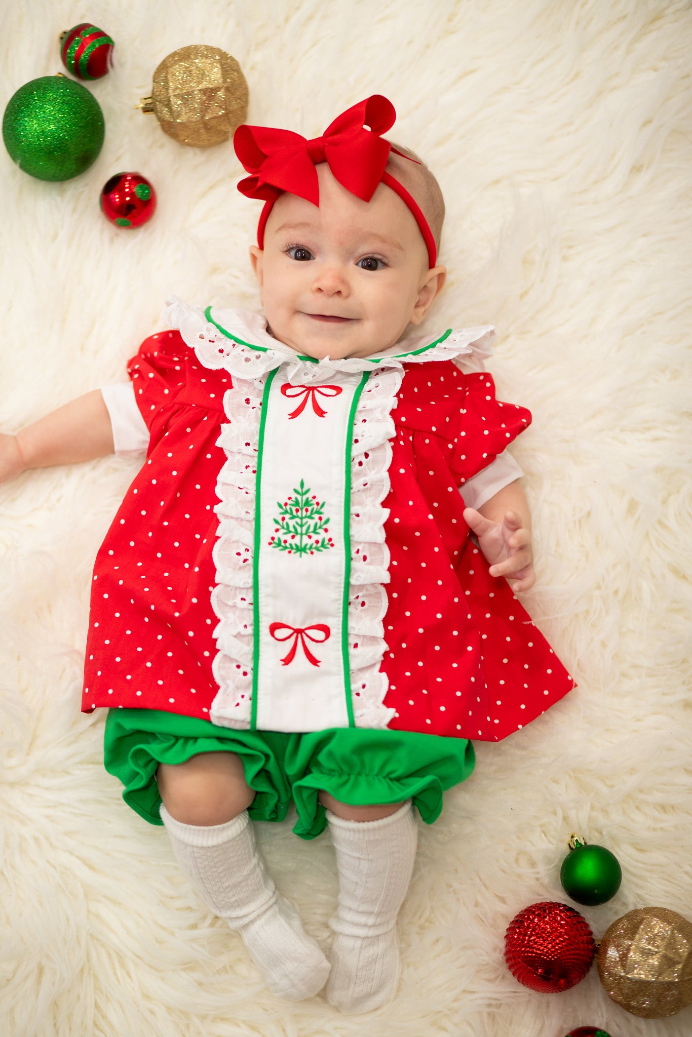 Deck the Halls Red Polka Dot A-Line Dress and Bloomer Set with Christmas Tree Embroidery