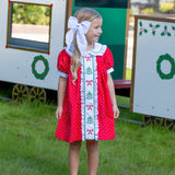 Deck the Halls Red Polka Dot A-Line Dress with Christmas Tree and Bows Embroidery