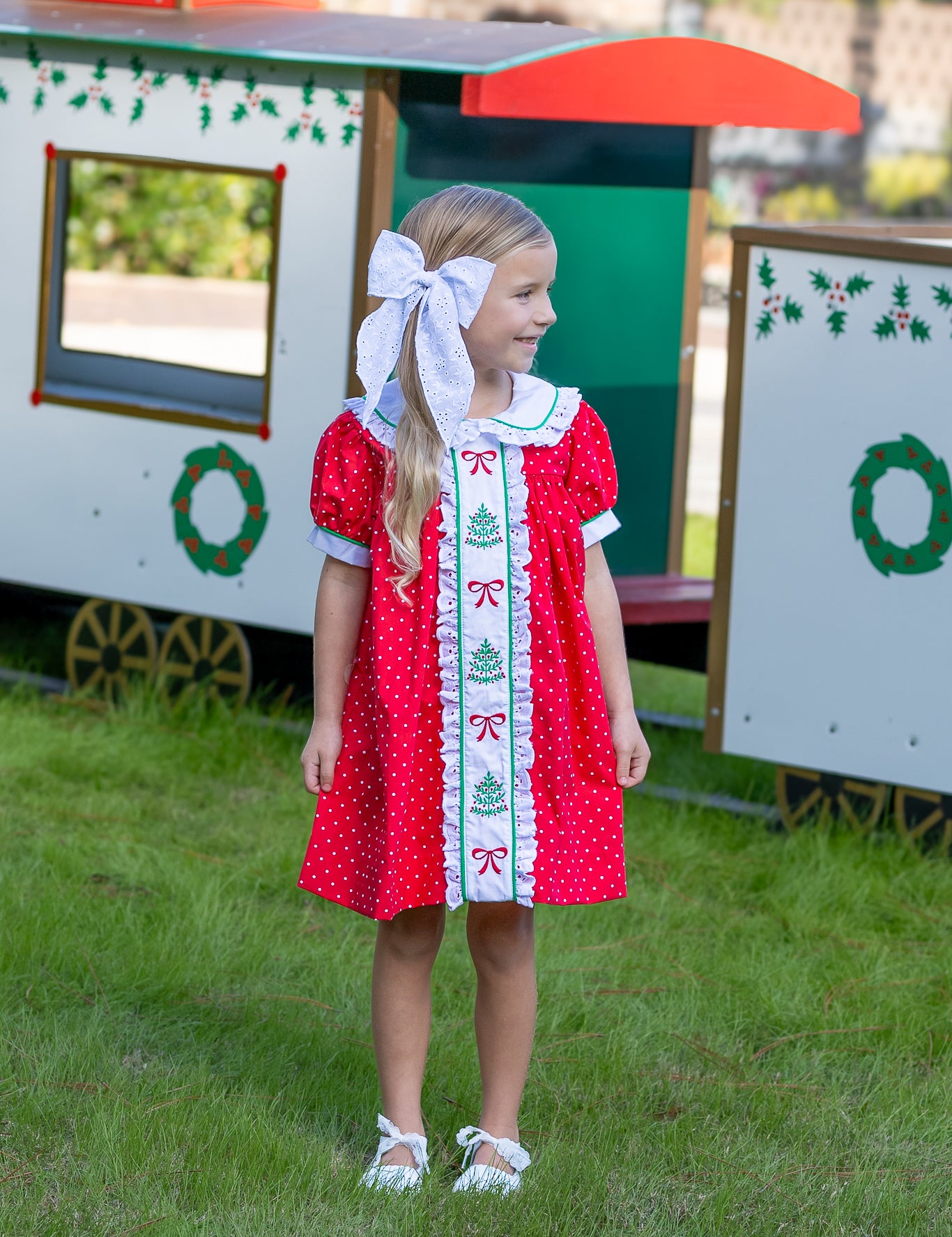 Deck the Halls Red Polka Dot A-Line Dress with Christmas Tree and Bows Embroidery