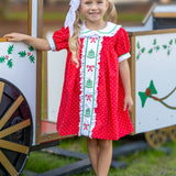 Deck the Halls Red Polka Dot A-Line Dress with Christmas Tree and Bows Embroidery