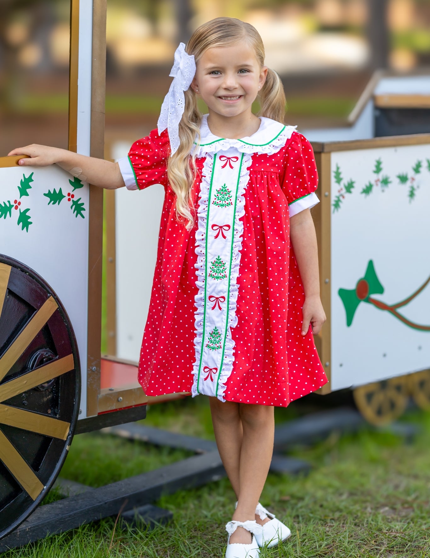 Deck the Halls Red Polka Dot A-Line Dress with Christmas Tree and Bows Embroidery 8/10
