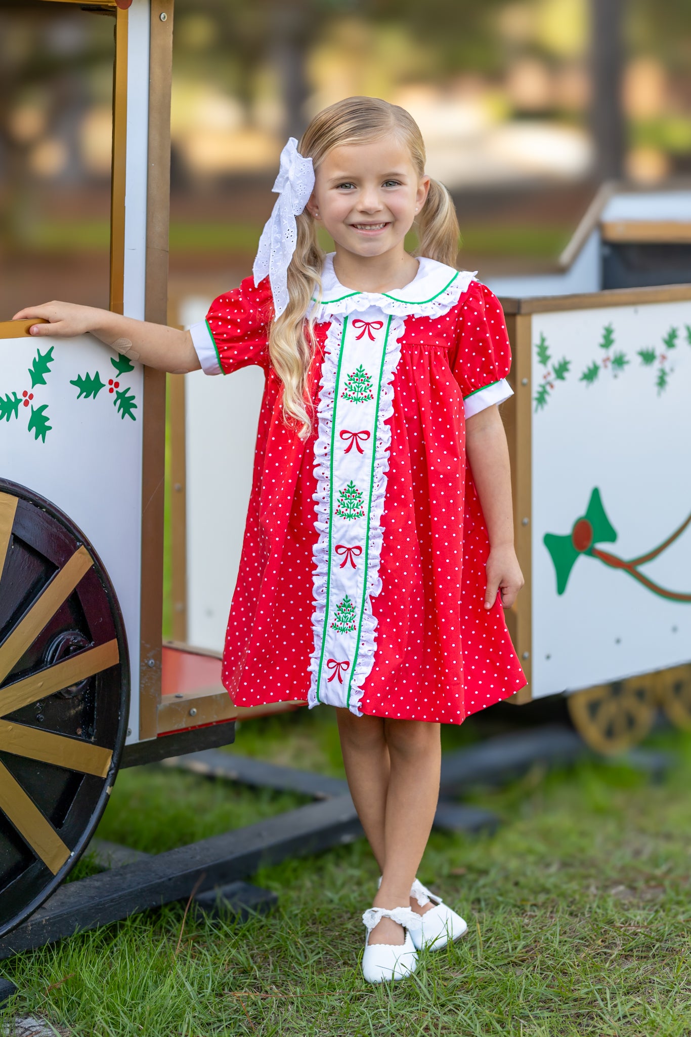 Deck The Halls Red Polka Dot A-Line Dress with Christmas Tree and Bows Embroidery 8/10 Deck The Halls Red Polka Dot A-Line Dress with Christmas Tree and Bows Embroidery 8/10