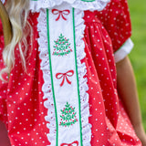 Deck the Halls Red Polka Dot A-Line Dress with Christmas Tree and Bows Embroidery