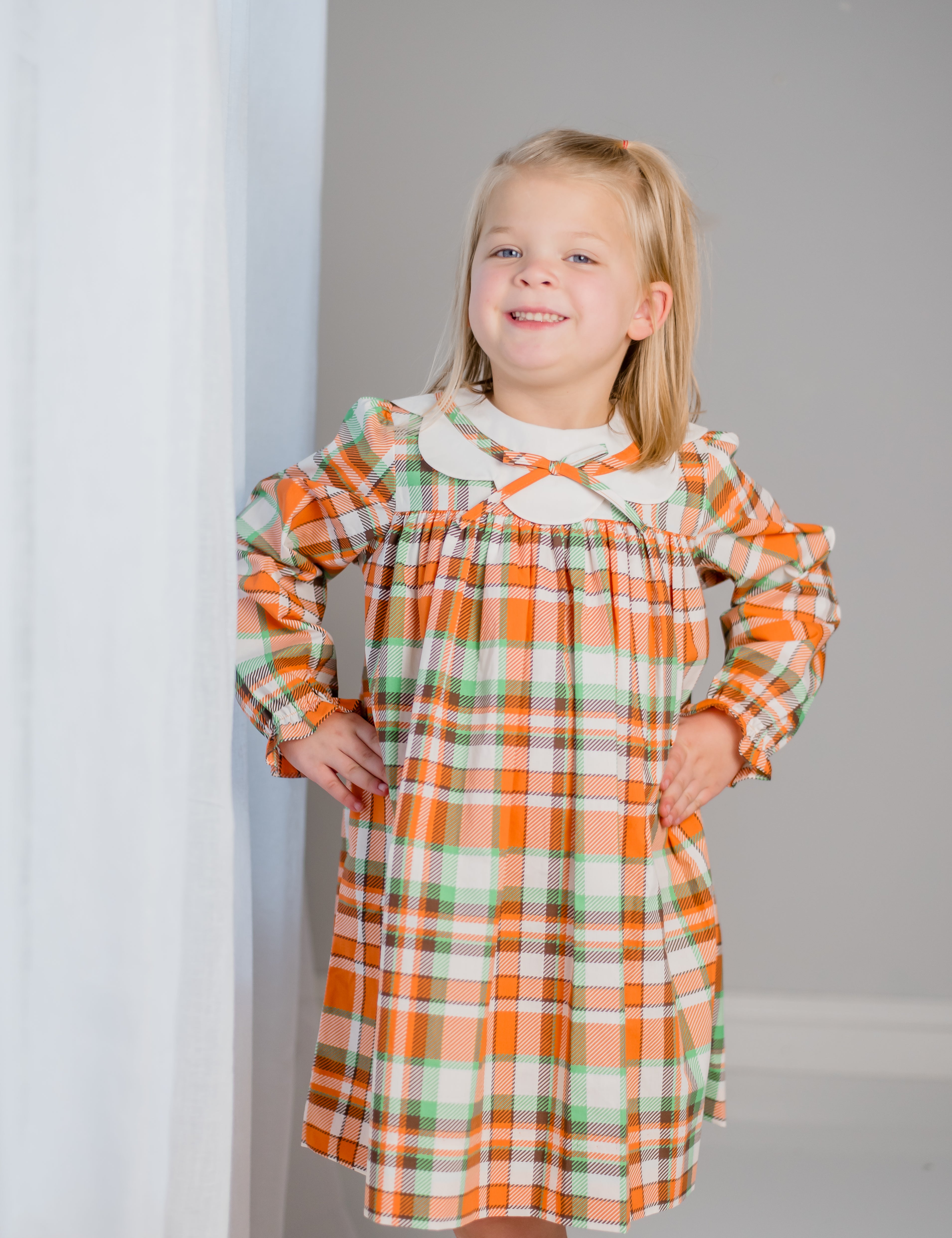 Autumn Plaid Scalloped Bishop Collar Dress