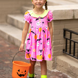 Boo! Pink Knit Halloween Print Swing Dress with Lime Green Ruffle Collar