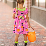 Boo! Pink Knit Halloween Print Swing Dress with Lime Green Ruffle Collar