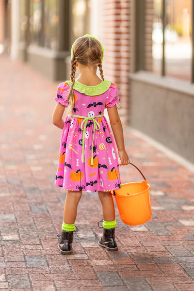 Boo! Pink Knit Halloween Print Swing Dress with Lime Green Ruffle Collar