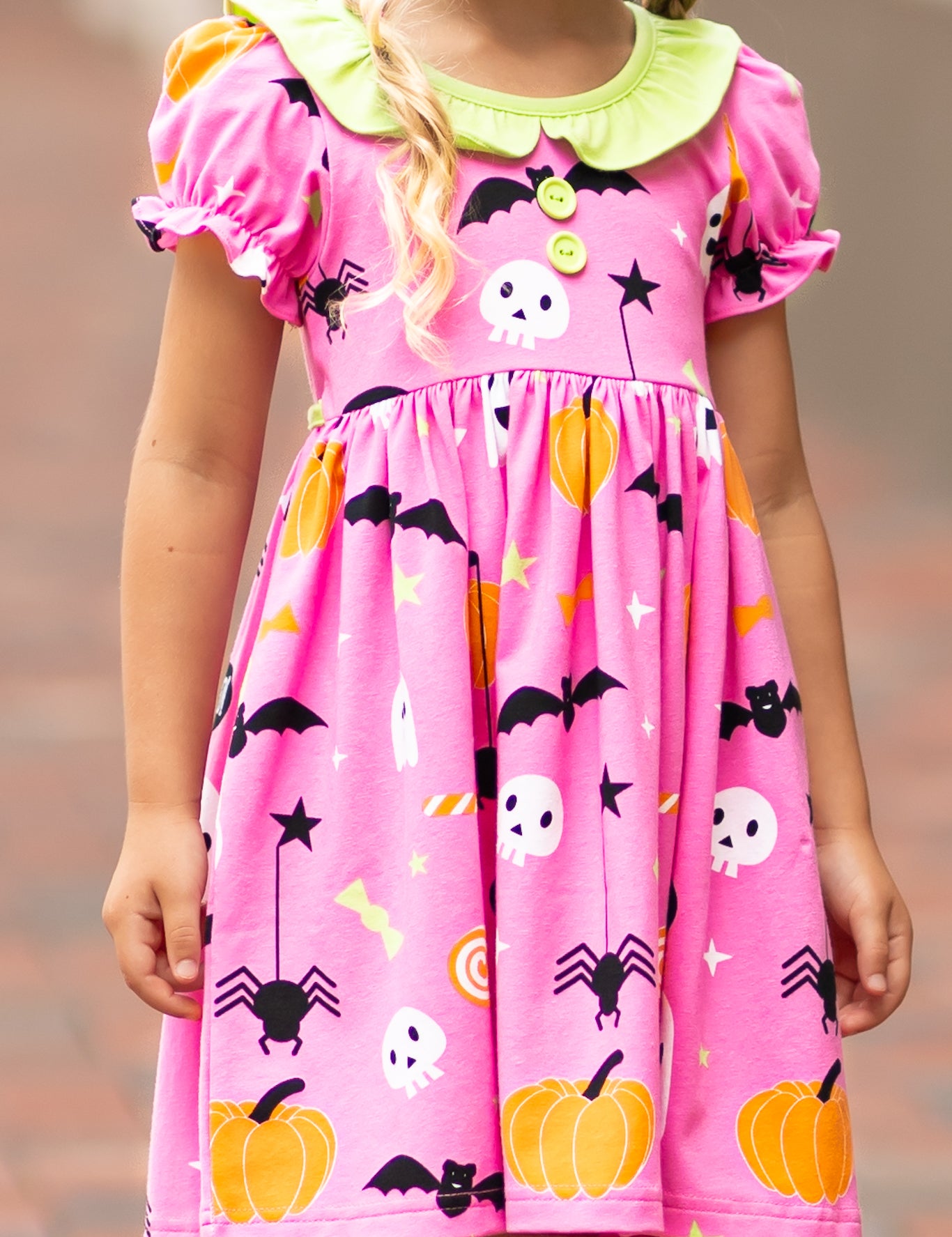 Boo! Pink Knit Halloween Print Swing Dress with Lime Green Ruffle Collar