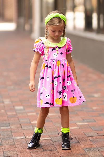 Boo! Pink Knit Halloween Print Swing Dress with Lime Green Ruffle Collar