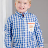 Thankful Navy Gingham Button Down Shirt with Turkey Embroidered Pocket