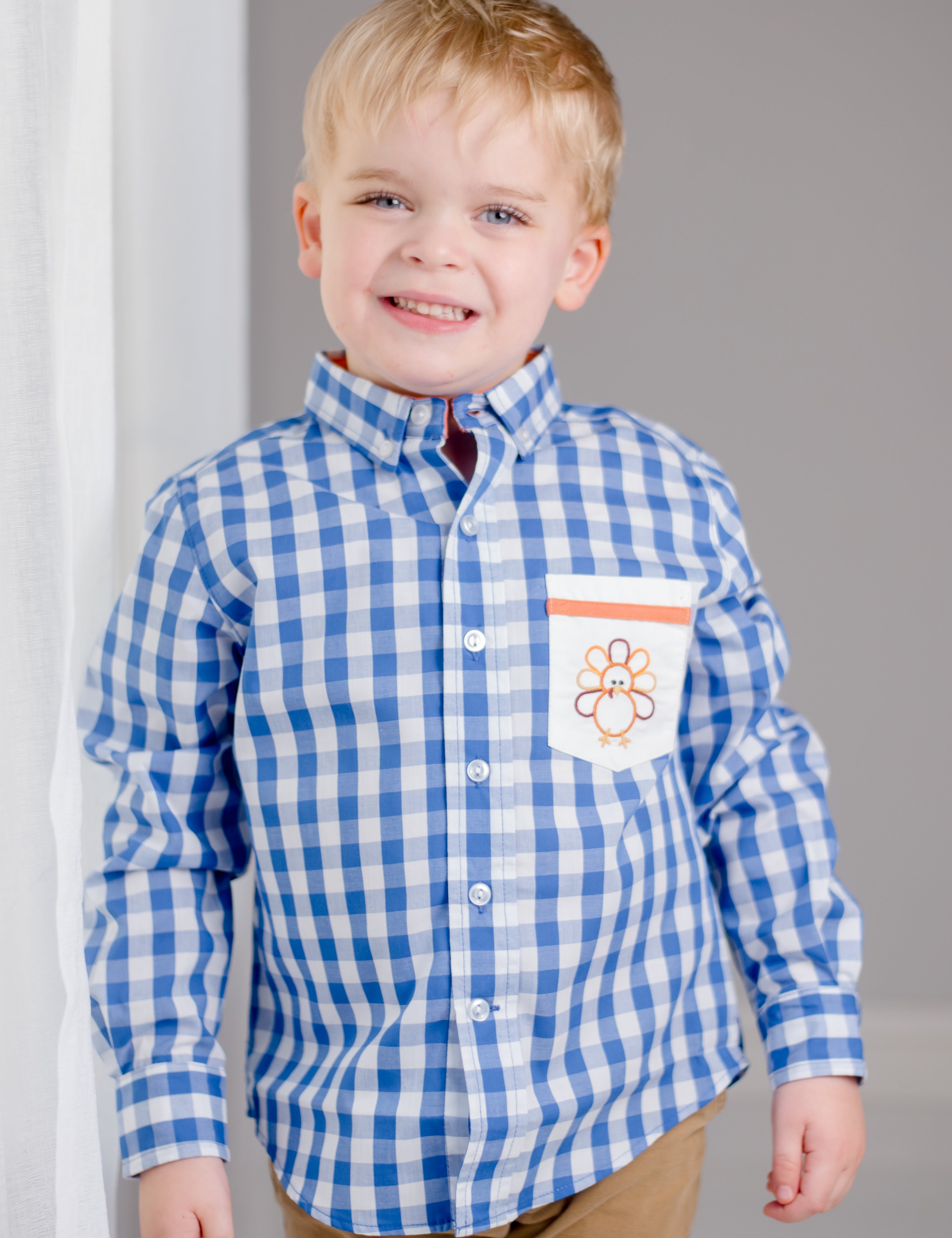 Thankful Navy Gingham Button Down Shirt with Turkey Embroidered Pocket
