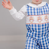 Thankful Navy Gingham Longall with Turkey Embroidered Panel