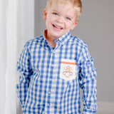 Thankful Navy Gingham Button Down Shirt with Turkey Embroidered Pocket
