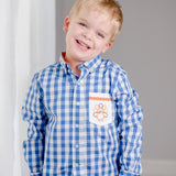 Thankful Navy Gingham Button Down Shirt with Turkey Embroidered Pocket