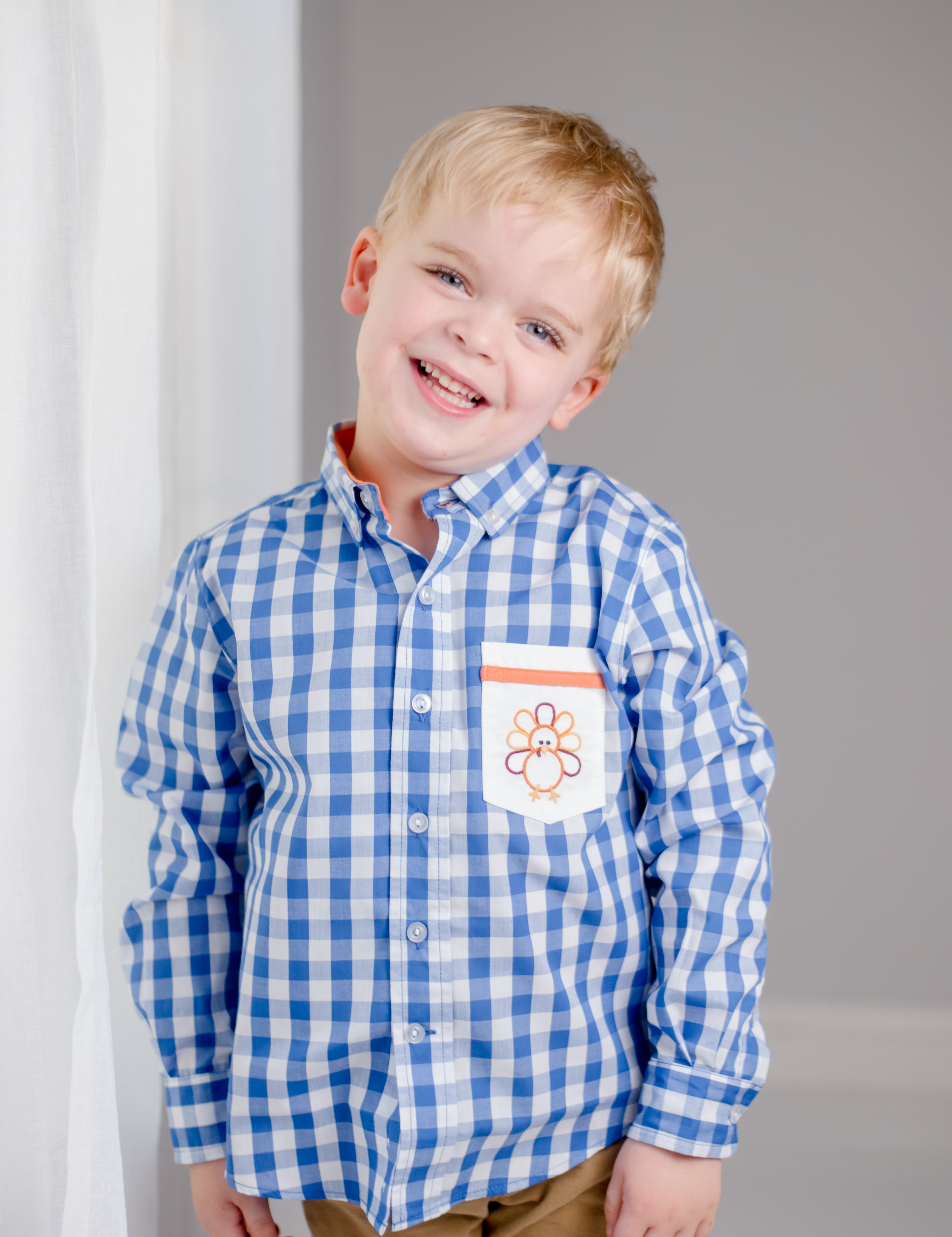 Thankful Navy Gingham Button Down Shirt with Turkey Embroidered Pocket