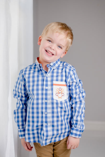 Thankful Navy Gingham Button Down Shirt with Turkey Embroidered Pocket