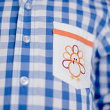 Thankful Navy Gingham Button Down Shirt with Turkey Embroidered Pocket