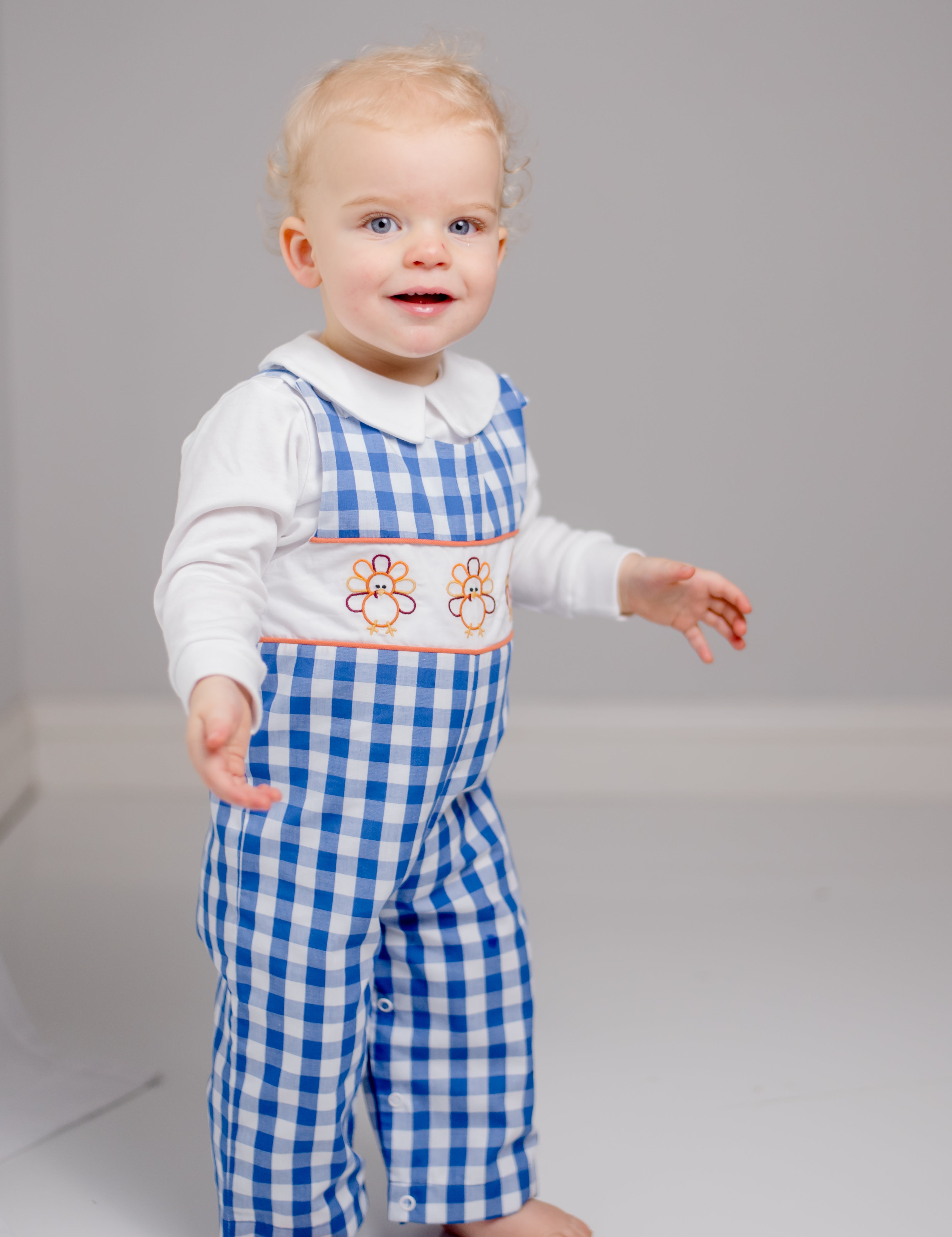 Thankful Navy Gingham Longall with Turkey Embroidered Panel