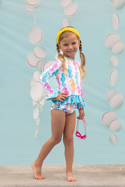 Seahorse Print Rash Guard Swim Suit Set