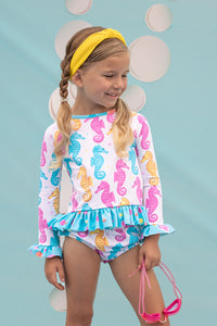 Seahorse Print Rash Guard Swim Suit Set