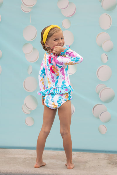 Seahorse Print Rash Guard Swim Suit Set