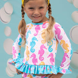 Seahorse Print Rash Guard Swim Suit Set