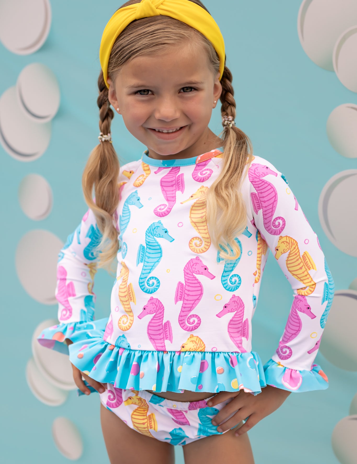 Seahorse Print Rash Guard Swim Suit Set