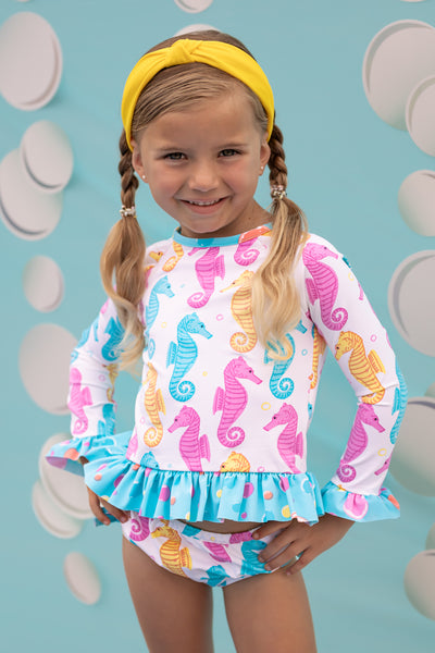 Seahorse Print Rash Guard Swim Suit Set